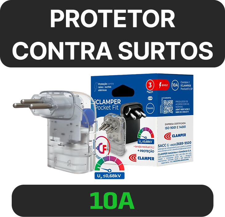 PROTETOR CONTRA SURTOS (DPS) 127/220 VOLTS – 10A – 1 TOMADA 3 PINO –ICLAMPER POCKET FIT TRANSPARENTE