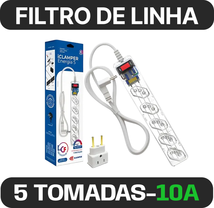 FILTRO DE LINHA COM PROTETOR CONTRA SURTOS (DPS) 127/220V 10A 5 TOMADAS 3 PINOS TRANSPARENTE